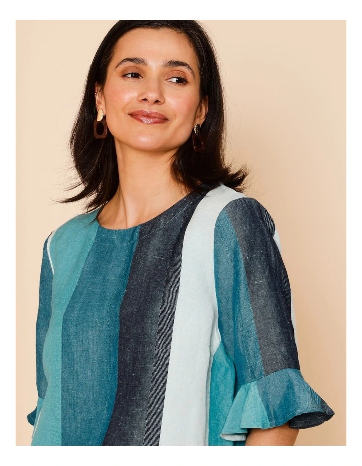 Fluted Sleeve Top In Blues/Teals Wide Stripe image 4
