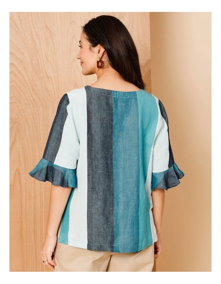 Fluted Sleeve Top In Blues/Teals Wide Stripe image 5