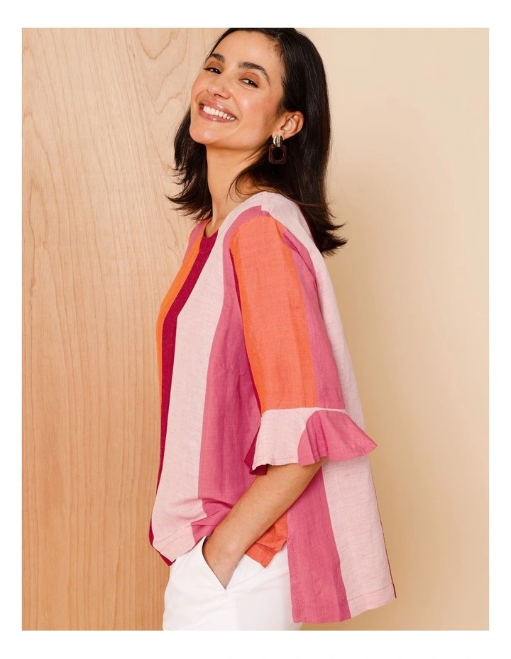 FLUTED SLEEVE TOP-PINKS/BURGANDY WIDE STRIPE image 1
