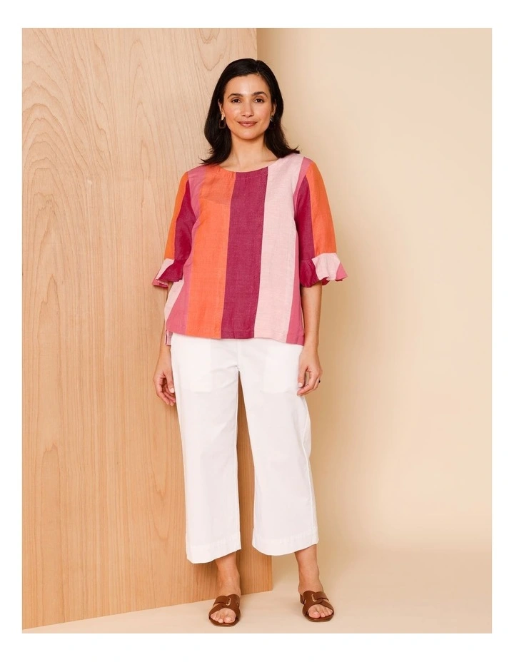 FLUTED SLEEVE TOP-PINKS/BURGANDY WIDE STRIPE image 2