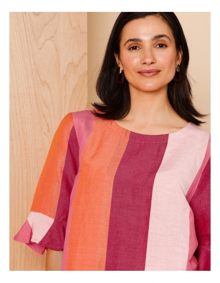FLUTED SLEEVE TOP-PINKS/BURGANDY WIDE STRIPE image 3