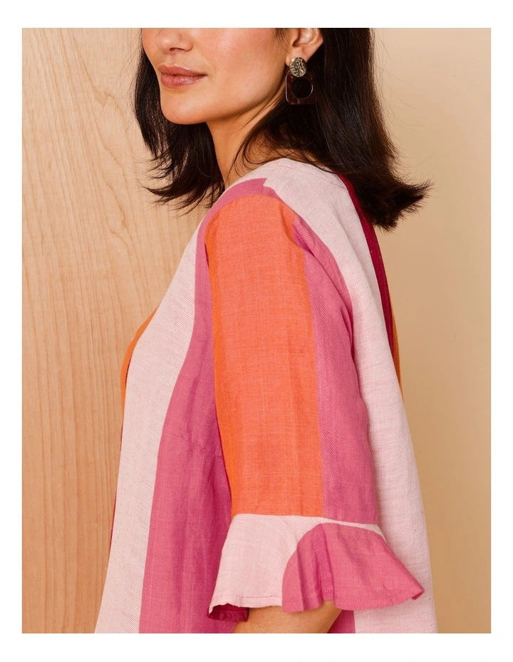 FLUTED SLEEVE TOP-PINKS/BURGANDY WIDE STRIPE image 6
