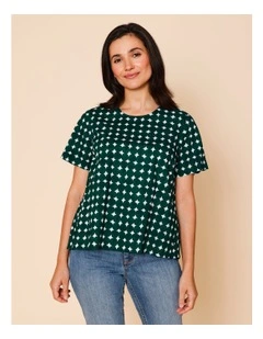 Short Sleeve Swing Hem Top With Round Pebble Print In Dark Green/White
