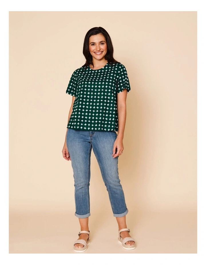 Short Sleeve Swing Hem Top With Round Pebble Print In Dark Green/White image 2