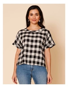 Extended Short Sleeve Gingham Top In Black/Light Stone