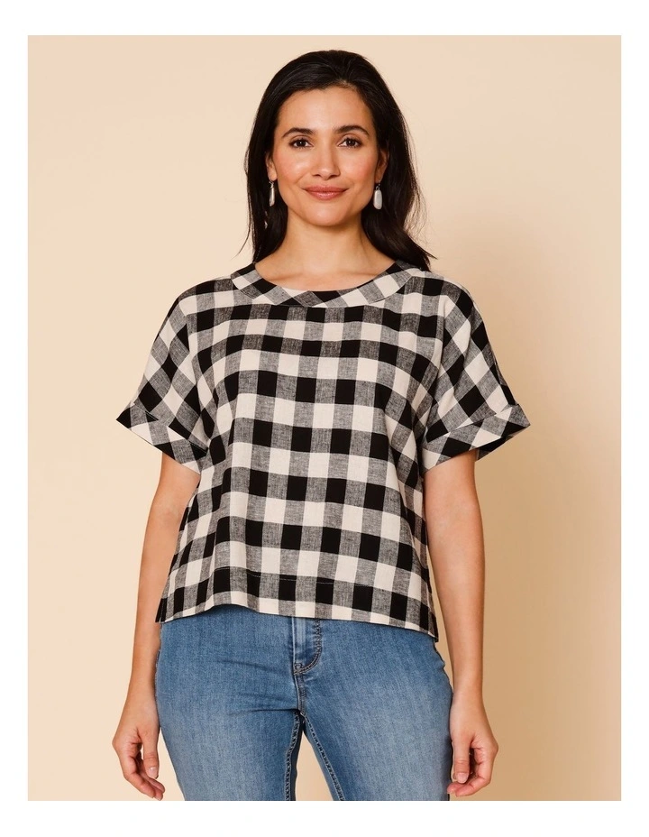 Extended Short Sleeve Gingham Top In Black/Light Stone image 1