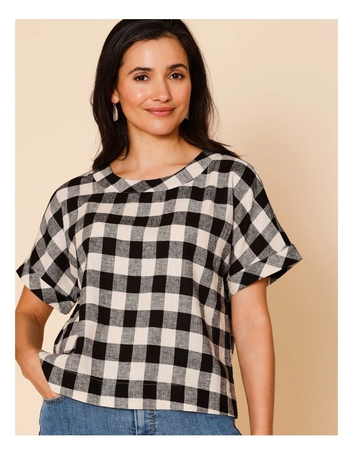 Extended Short Sleeve Gingham Top In Black/Light Stone image 2