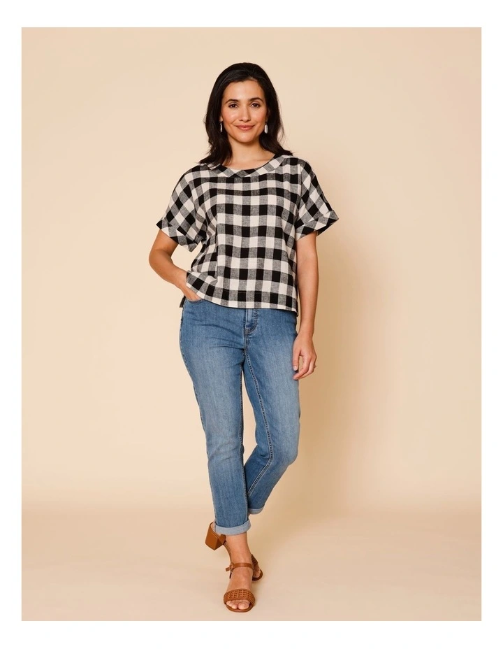 Extended Short Sleeve Gingham Top In Black/Light Stone image 3