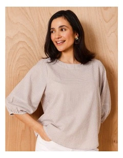 Lantern Sleeve Top In Neutral/ Ivory Mini Gingham