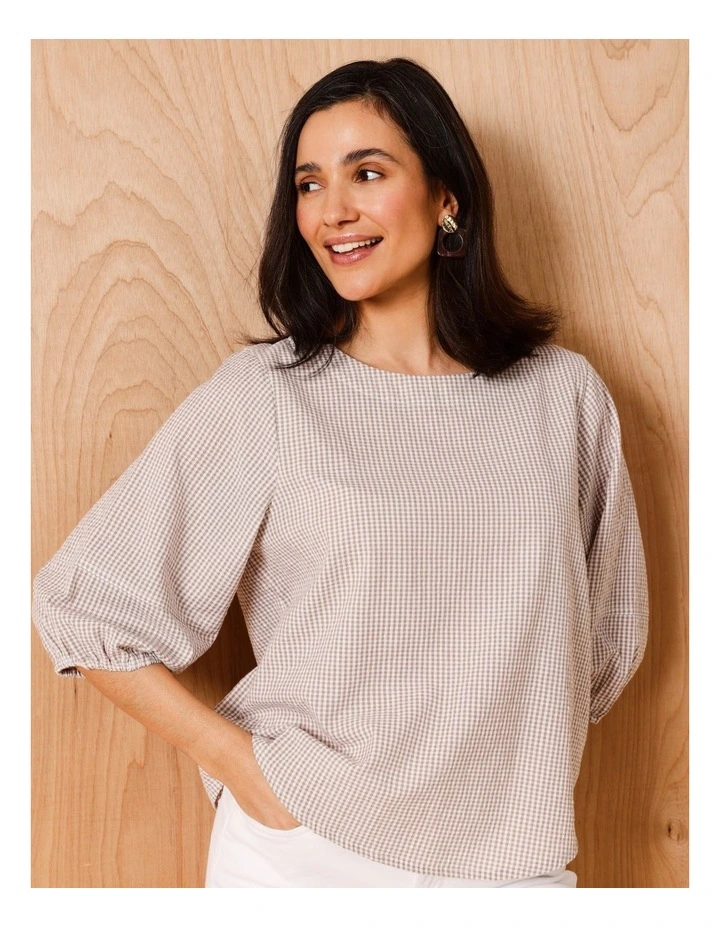 Lantern Sleeve Top In Neutral/ Ivory Mini Gingham image 1