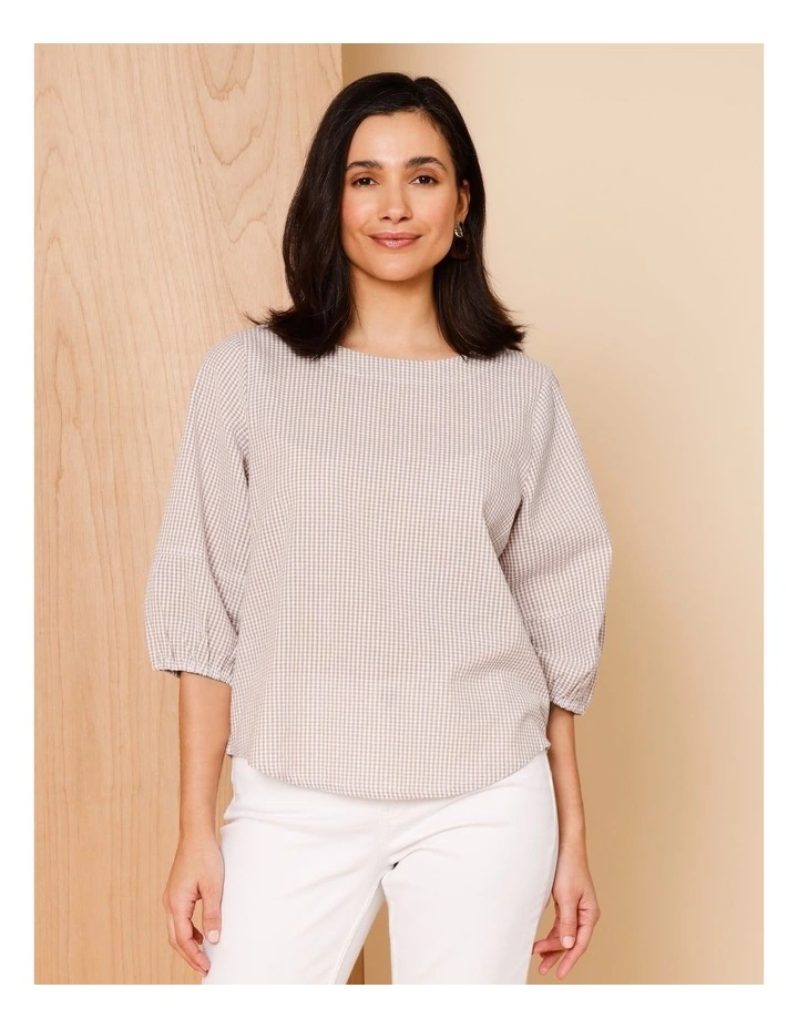Lantern Sleeve Top In Neutral/ Ivory Mini Gingham image 2