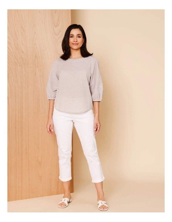 Lantern Sleeve Top In Neutral/ Ivory Mini Gingham image 3