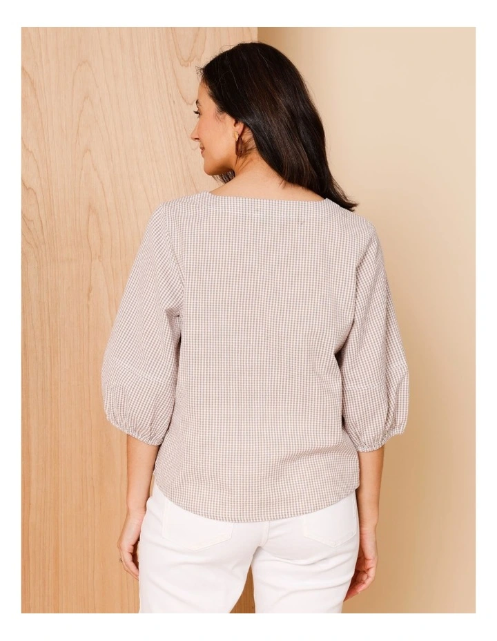 Lantern Sleeve Top In Neutral/ Ivory Mini Gingham image 6