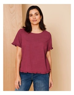 Short Frill Sleeve And Hem Top in Burgundy