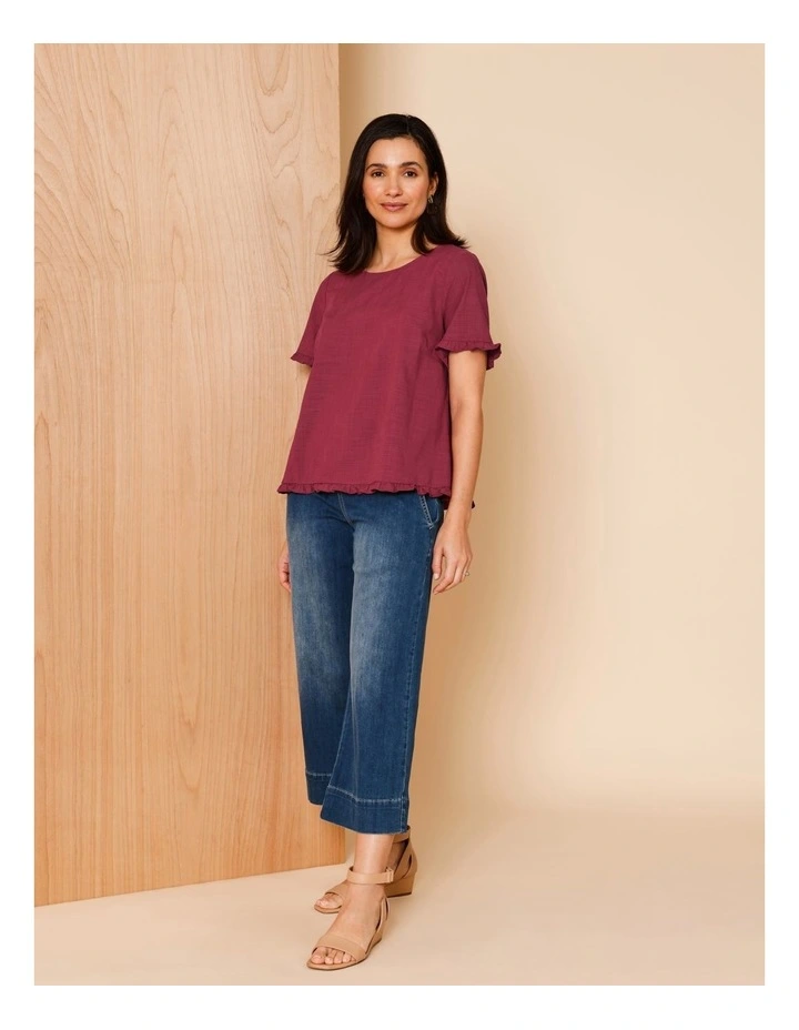Short Frill Sleeve And Hem Top in Burgundy image 2