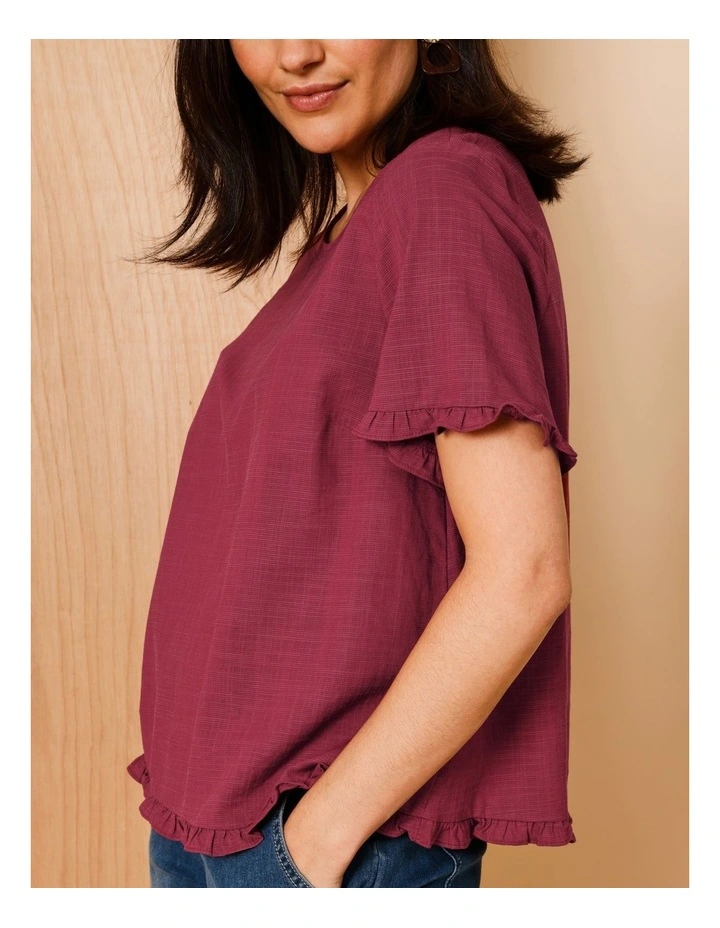 Short Frill Sleeve And Hem Top in Burgundy image 3