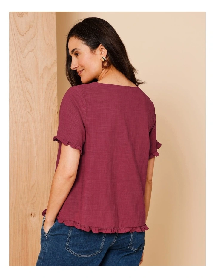 Short Frill Sleeve And Hem Top in Burgundy image 4