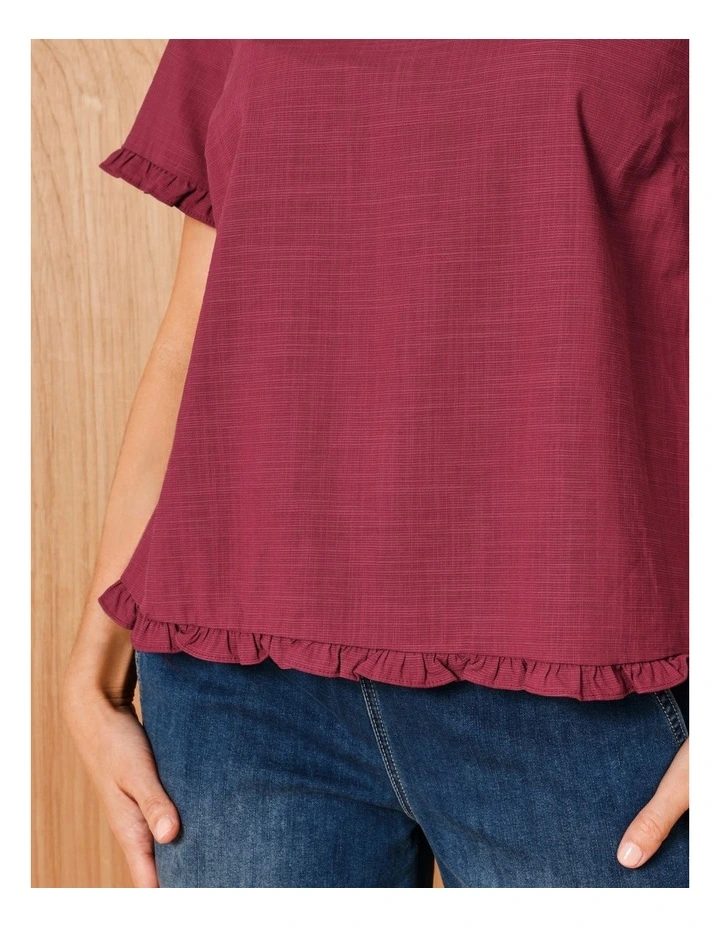 Short Frill Sleeve And Hem Top in Burgundy image 5