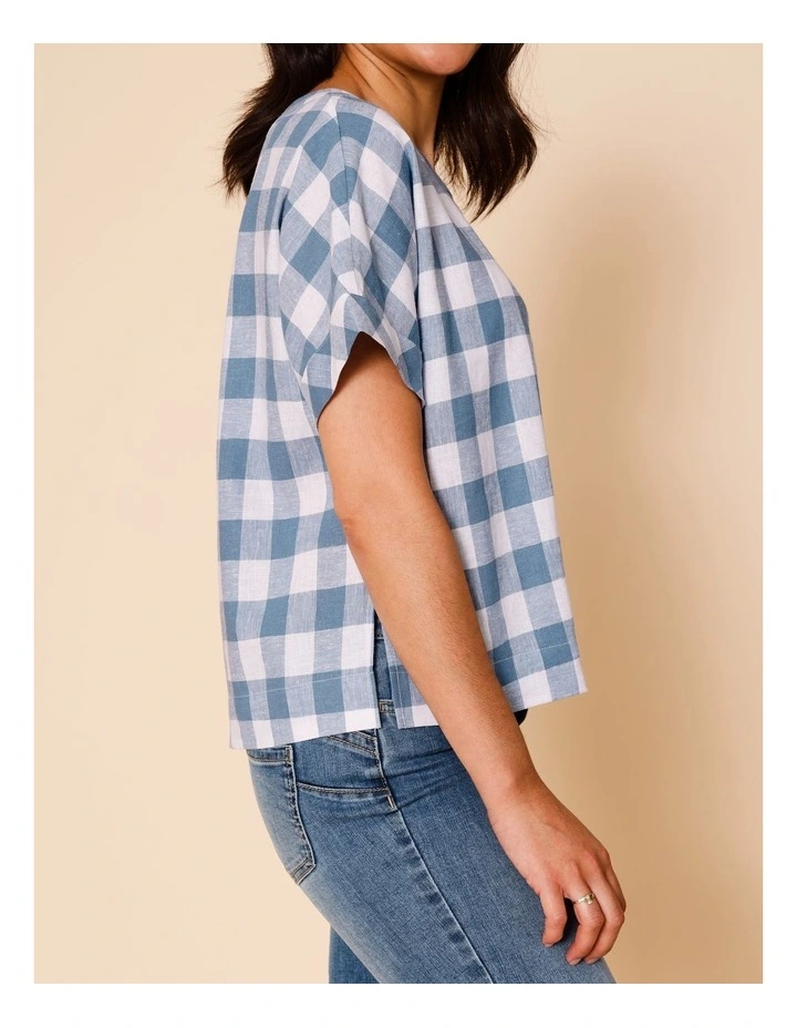 Extended Short Sleeve Gingham Top In Blue/White image 2