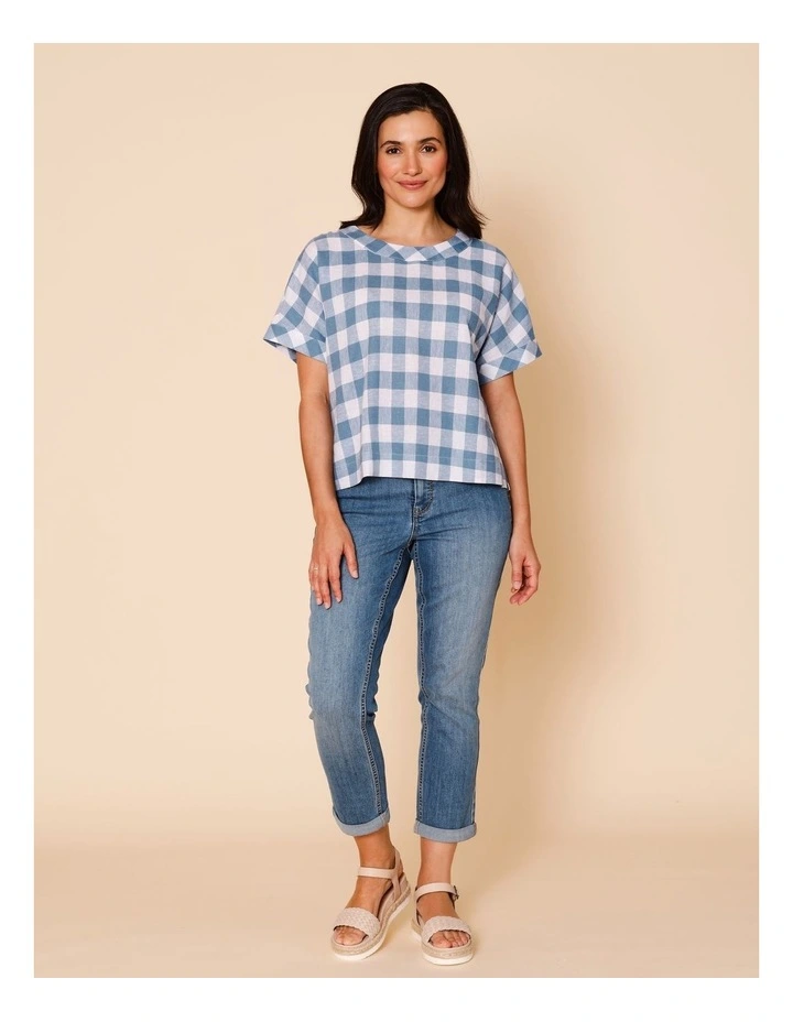Extended Short Sleeve Gingham Top In Blue/White image 3