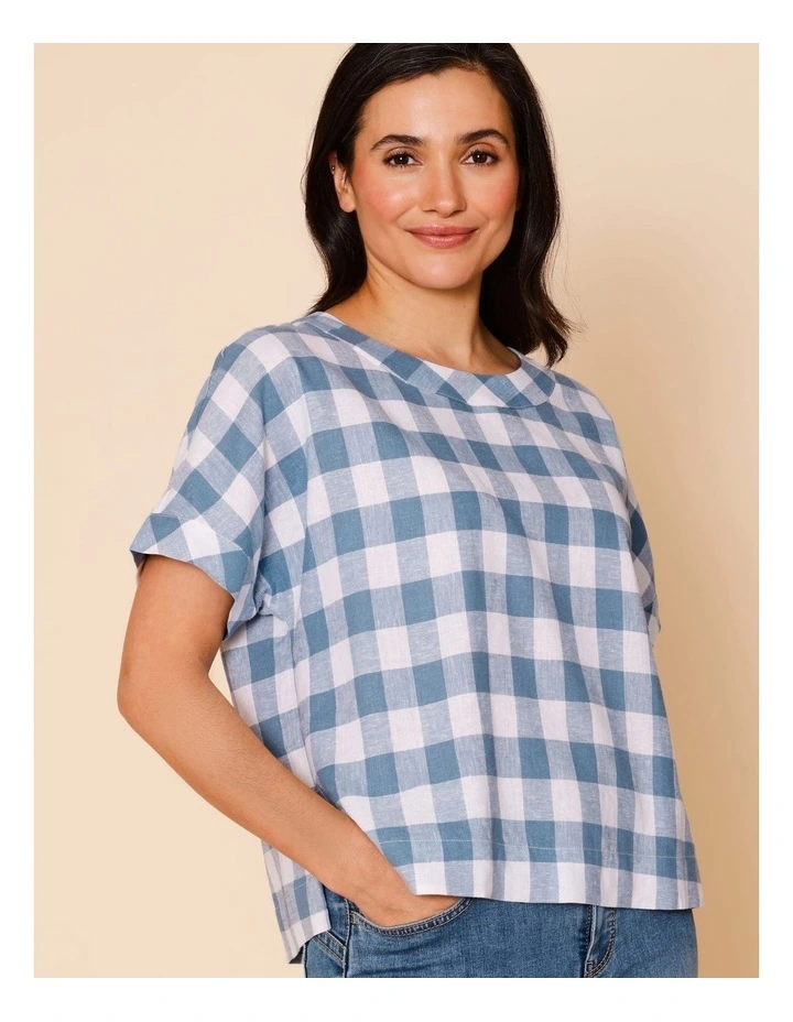 Extended Short Sleeve Gingham Top In Blue/White image 4
