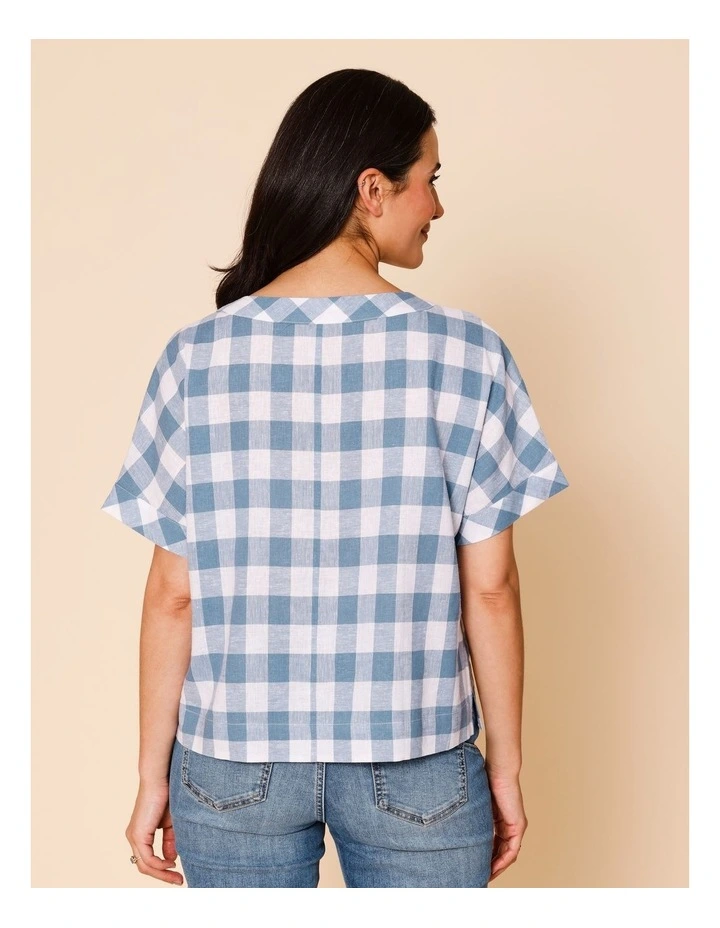 Extended Short Sleeve Gingham Top In Blue/White image 5
