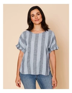 Frill Short Sleeve Vertical Stripe Top In Blues