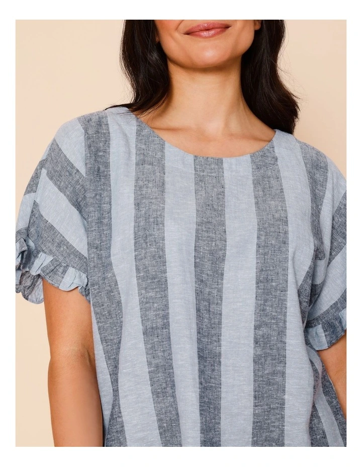 Frill Short Sleeve Vertical Stripe Top In Blues image 2