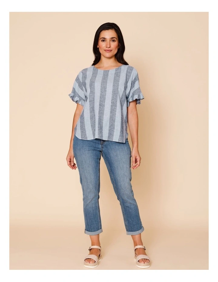 Frill Short Sleeve Vertical Stripe Top In Blues image 3