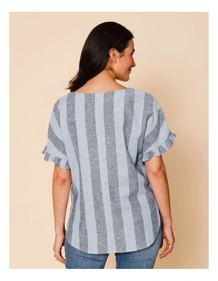Frill Short Sleeve Vertical Stripe Top In Blues image 4