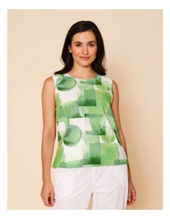 Sleeveless Shell Top With Deep Hem In Green Watercolour Geometric