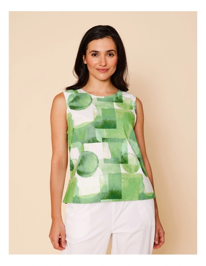 Sleeveless Shell Top With Deep Hem In Green Watercolour Geometric image 1