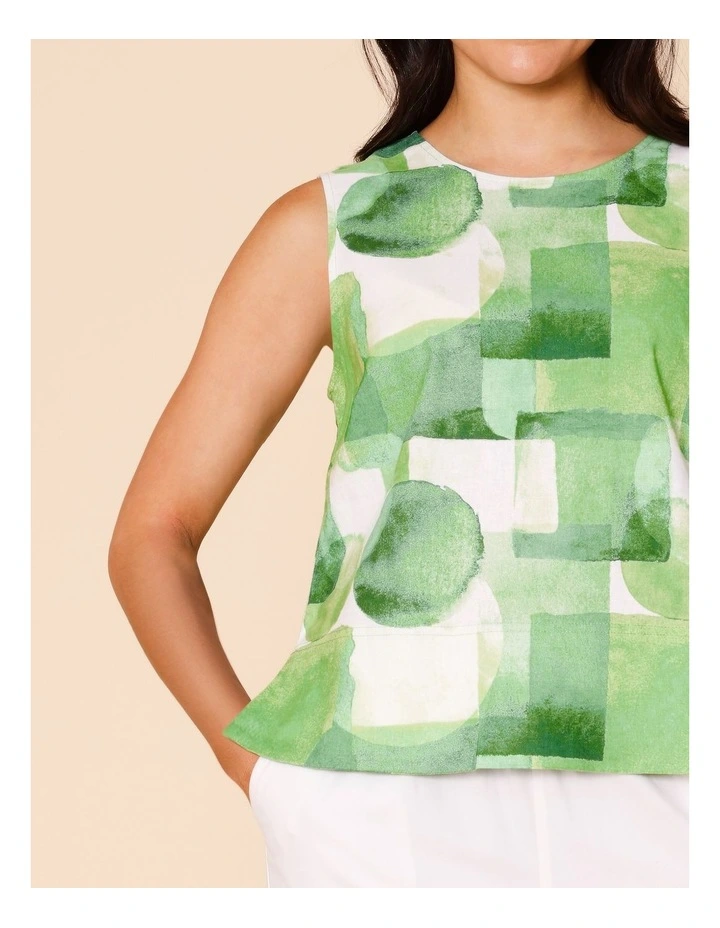 Sleeveless Shell Top With Deep Hem In Green Watercolour Geometric image 2