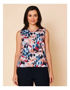 Sleeveless Shell Top With Deep Hem In Pinks/ Blues Stylised Floral