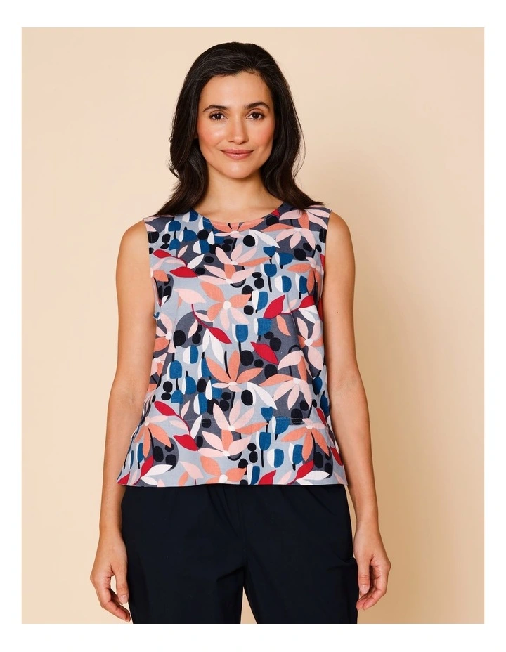 Sleeveless Shell Top With Deep Hem In Pinks/ Blues Stylised Floral image 1