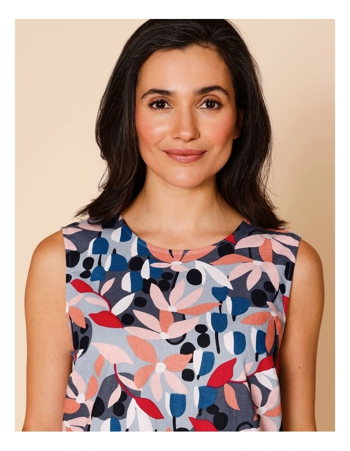 Sleeveless Shell Top With Deep Hem In Pinks/ Blues Stylised Floral image 3