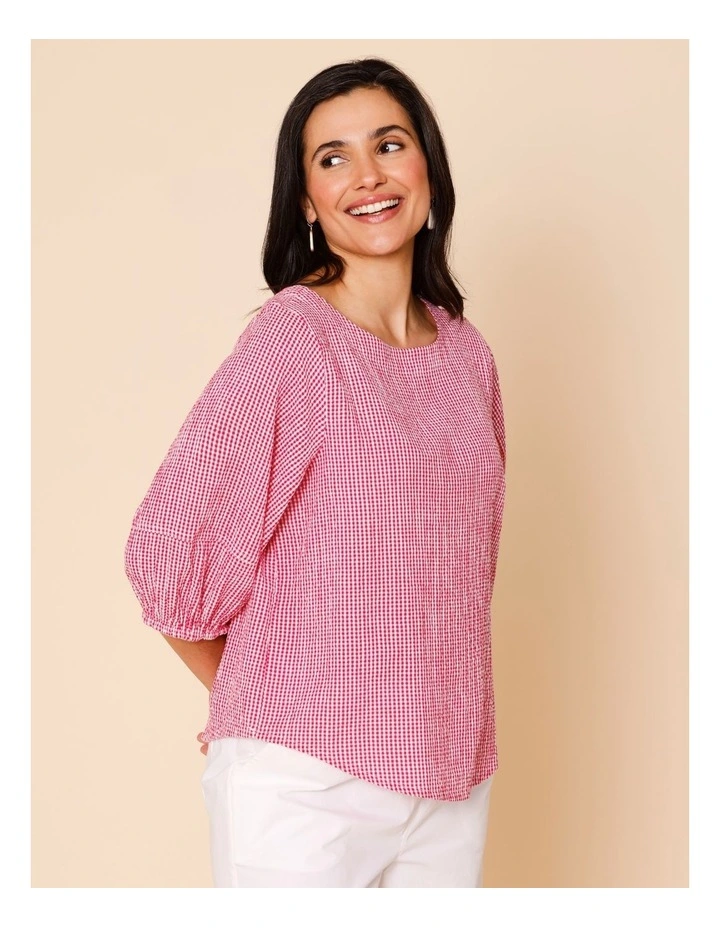 Lantern Sleeve Top In Pink/White Mini Gingham image 1