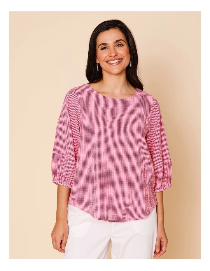 Lantern Sleeve Top In Pink/White Mini Gingham image 4