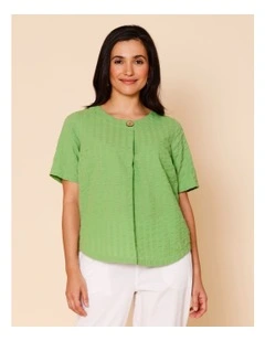 Short Sleeve Top With Button Neck In Green