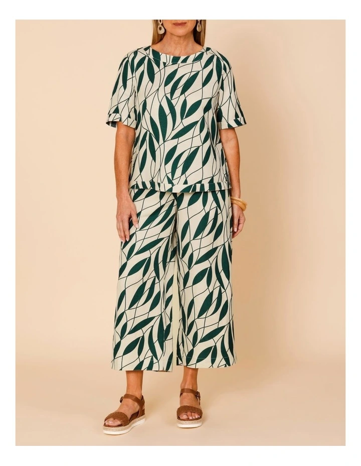 Short Sleeve Top With Curved Back Hem In Neutral/Forest Leaf Print image 3