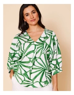 V-neck 3/4 Sleeve Full Sleeve Top In Green/White Tropical Leaf Print
