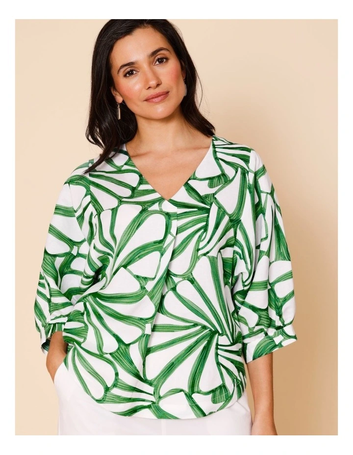 V-neck 3/4 Sleeve Full Sleeve Top In Green/White Tropical Leaf Print image 1
