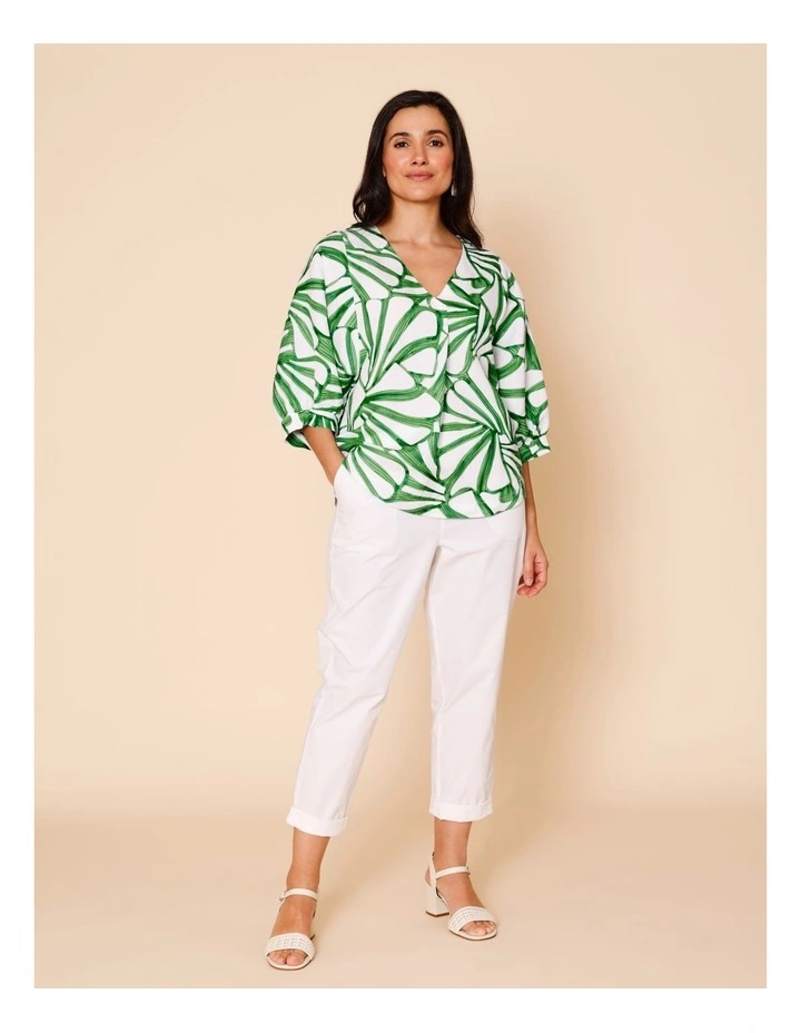 V-neck 3/4 Sleeve Full Sleeve Top In Green/White Tropical Leaf Print image 2