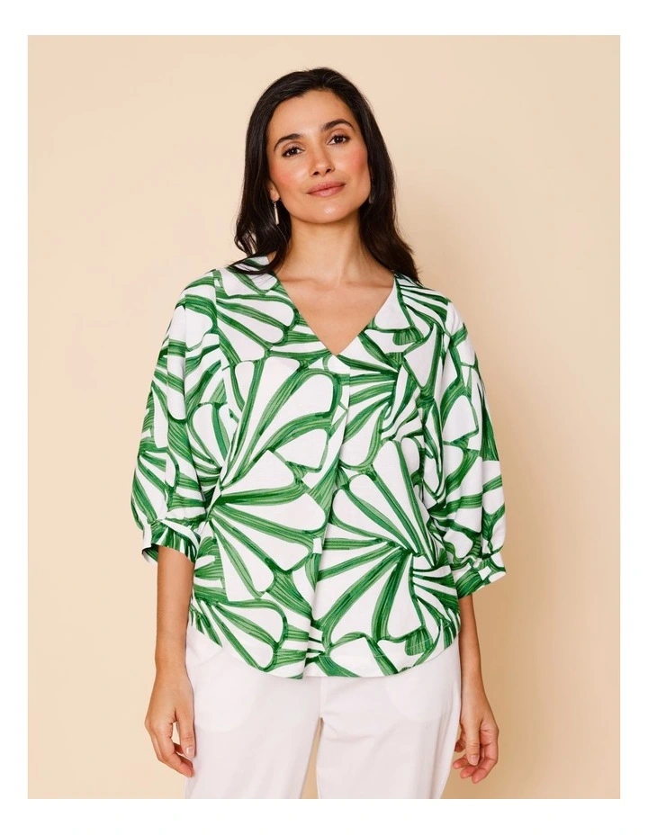 V-neck 3/4 Sleeve Full Sleeve Top In Green/White Tropical Leaf Print image 4