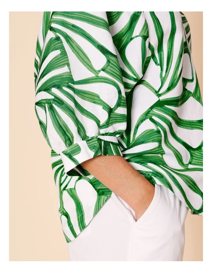 V-neck 3/4 Sleeve Full Sleeve Top In Green/White Tropical Leaf Print image 5