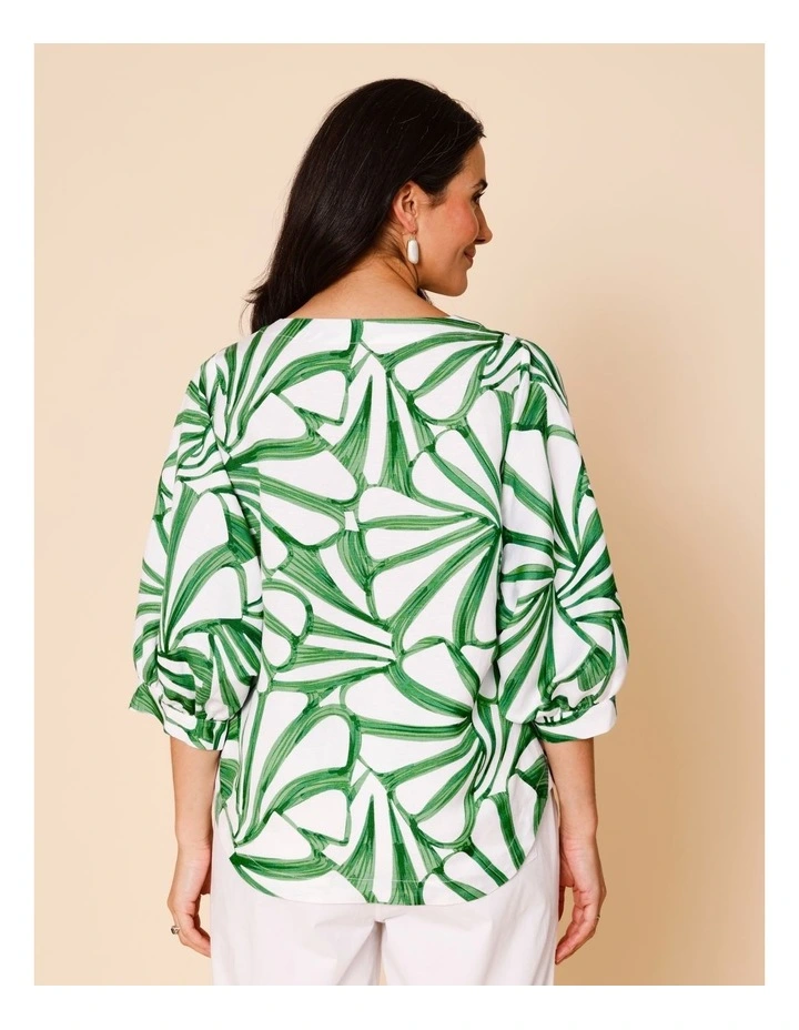 V-neck 3/4 Sleeve Full Sleeve Top In Green/White Tropical Leaf Print image 6