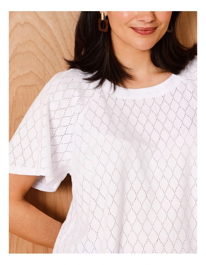 Raglan Sleeve Pointelle Tee In White image 2