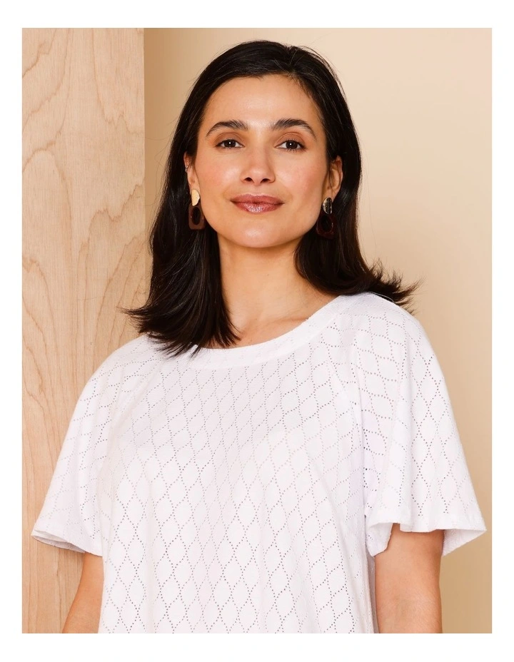 Raglan Sleeve Pointelle Tee In White image 3