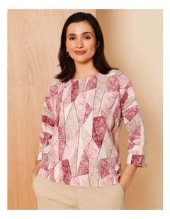 Woven Front With Knit Back 3/4 Sleeve Tee In Pink/Neutral Shard Print