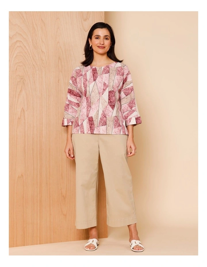 Woven Front With Knit Back 3/4 Sleeve Tee In Pink/Neutral Shard Print image 2